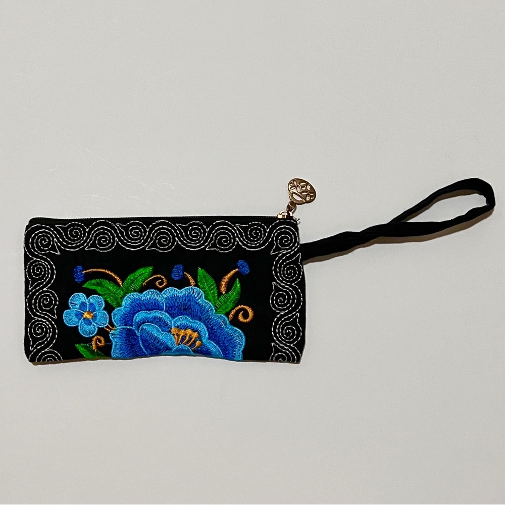 FREE WITH BUNDLE* Flower Embroidery Blue & Black Wristlet Case MUST BUND…